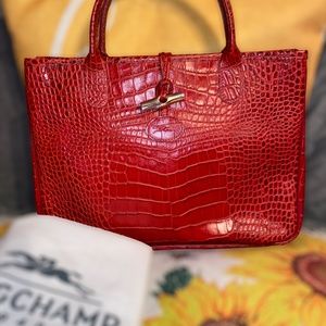 Longchamp Roseau Croc Red Embossed Leather Tote NWOT